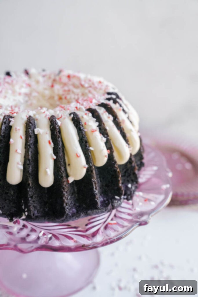 chocolate peppermint bundt cake on a cake stand