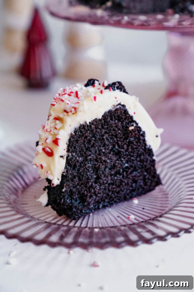 chocolate peppermint bundt cake on a serving platter
