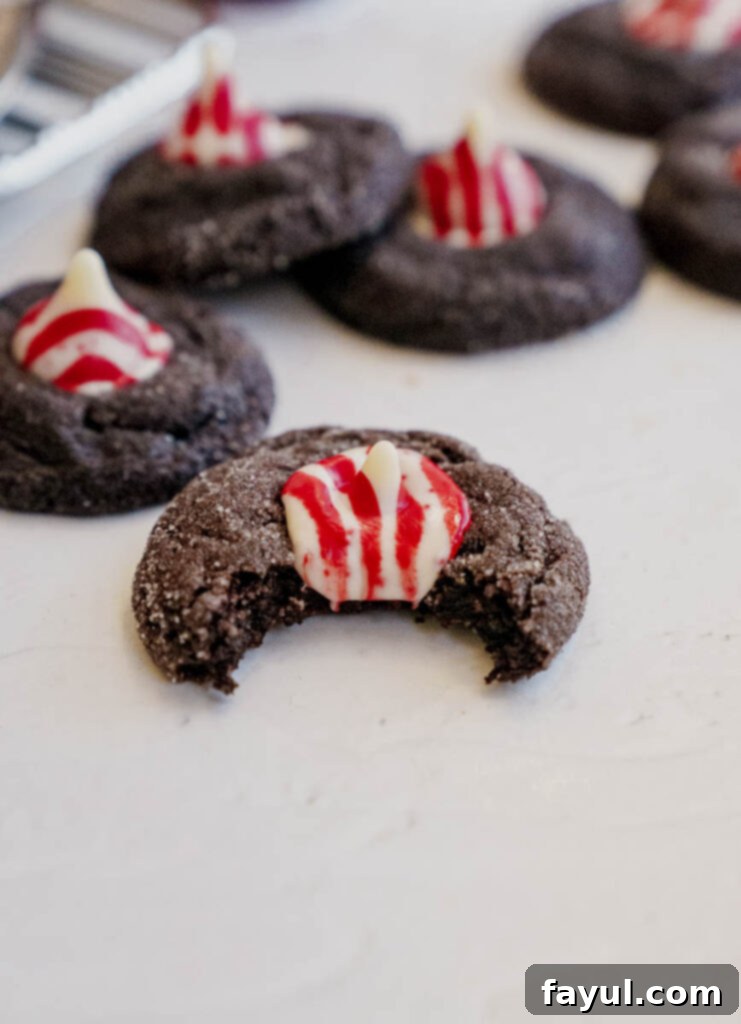 Tray of golden baked Peppermint Kiss Chocolate Cookies with melting kisses