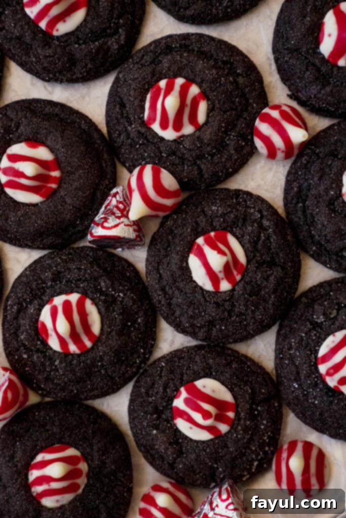 A festive display of Peppermint Kiss Chocolate Cookies on a serving platter