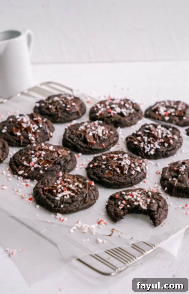 Double Chocolate Peppermint Cookies on a festive plate with whole candy canes