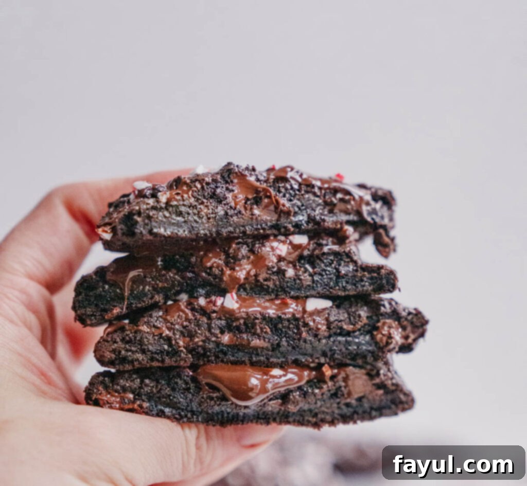 Freshly baked Double Chocolate Peppermint Cookies cooling on a wire rack, drizzled with chocolate