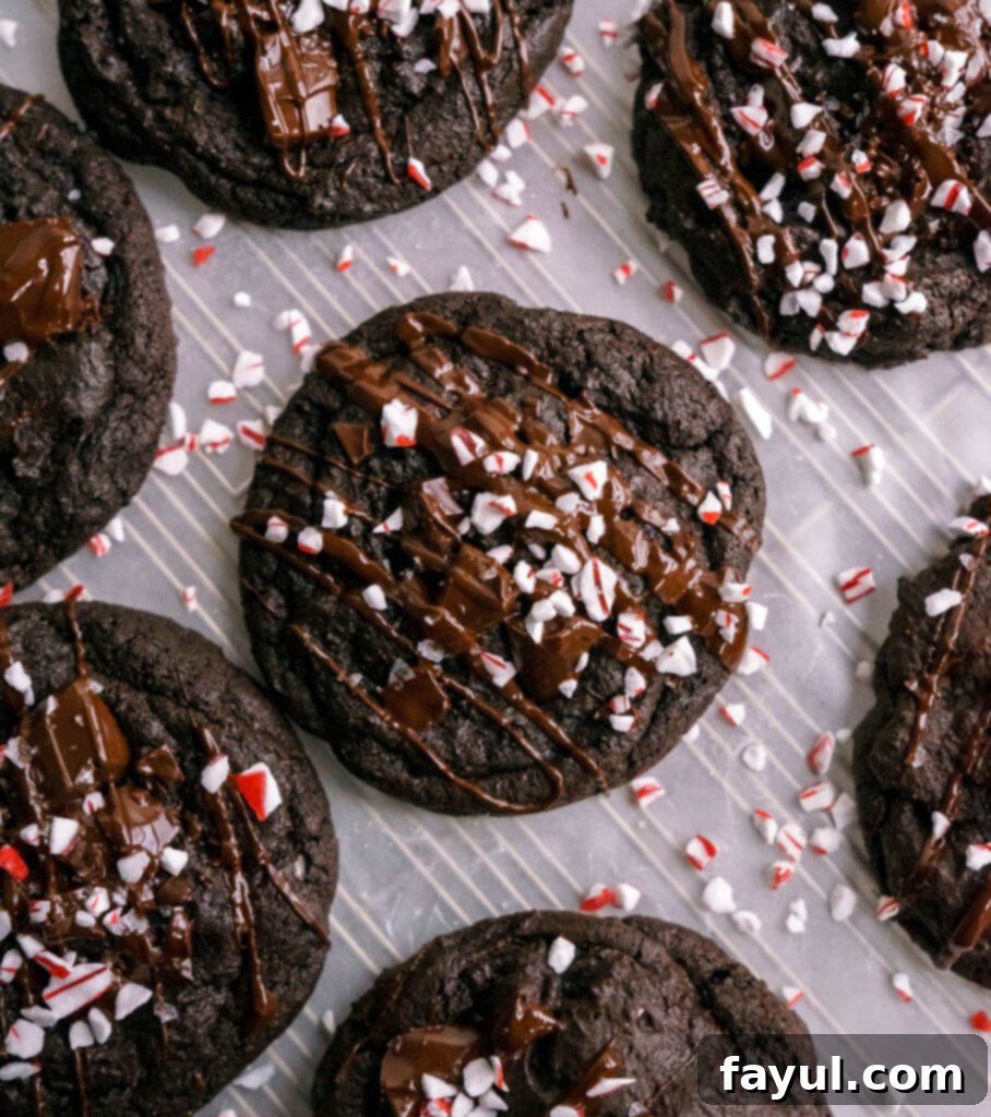 A single Double Chocolate Peppermint Cookie with chocolate drizzle and crushed candy canes on a cooling rack