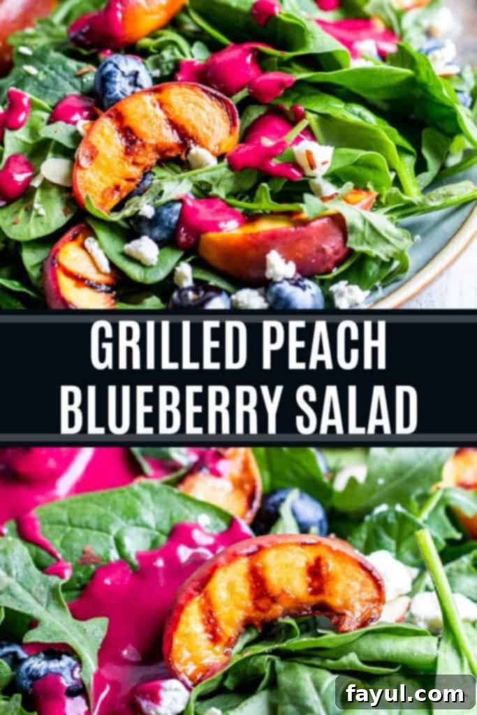 Grilled peach salad recipe pin with white text overlay.