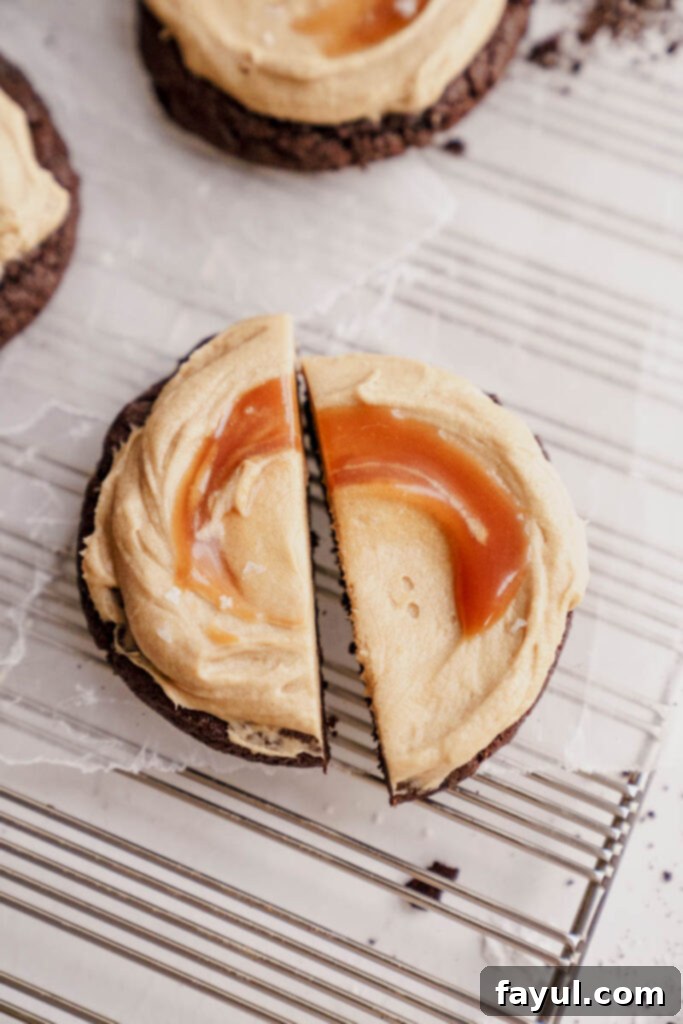 Close-up of a chocolate salted caramel cookie with a perfect frosting swirl and sea salt
