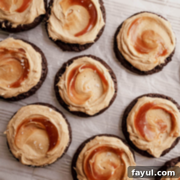 Chocolate Salted Caramel Cookies with frosting and caramel swirl