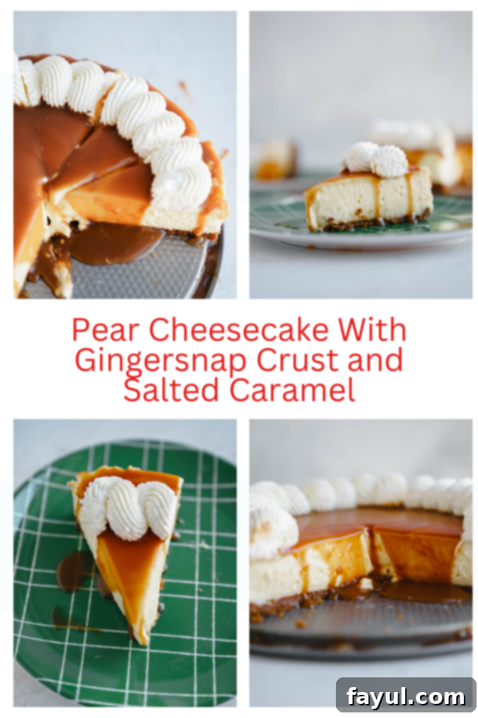 Slice of pear cheesecake with caramel drizzle