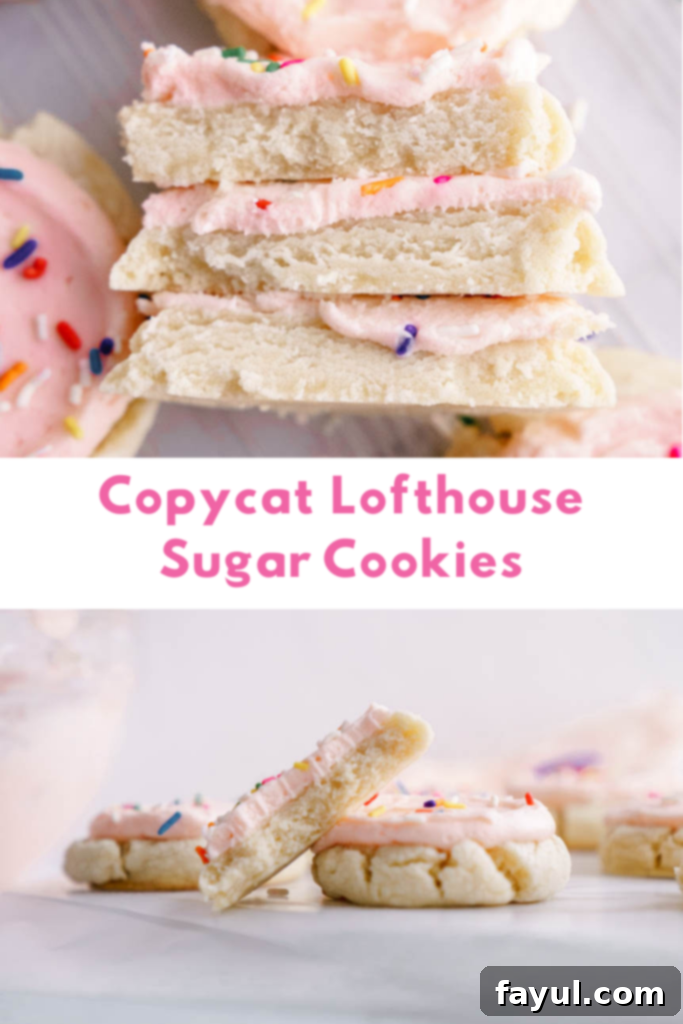 Stacked Lofthouse sugar cookies with pink frosting and colorful sprinkles