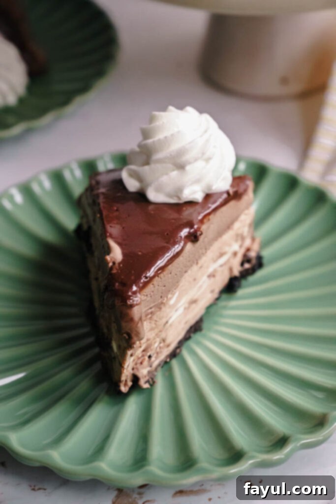 Close-up of a slice of Chocolate Mousse Cheesecake