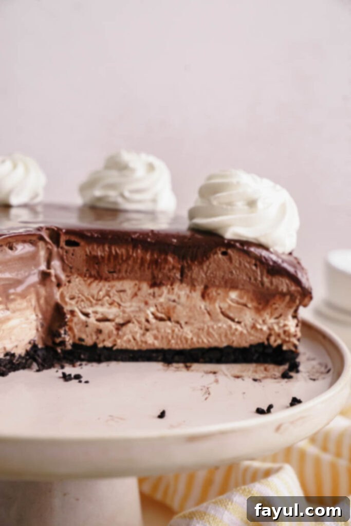 Chocolate Mousse Cheesecake with a single slice removed