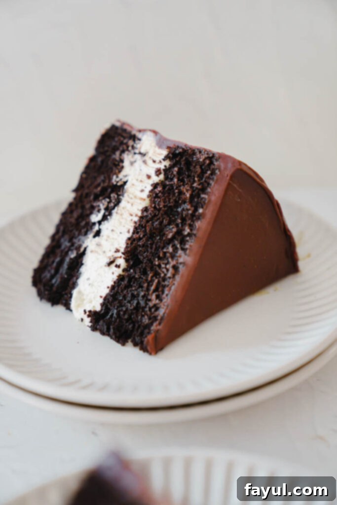 Two views of the Ding Dong Cake, one showing the top with ganache, another a cross-section with filling.