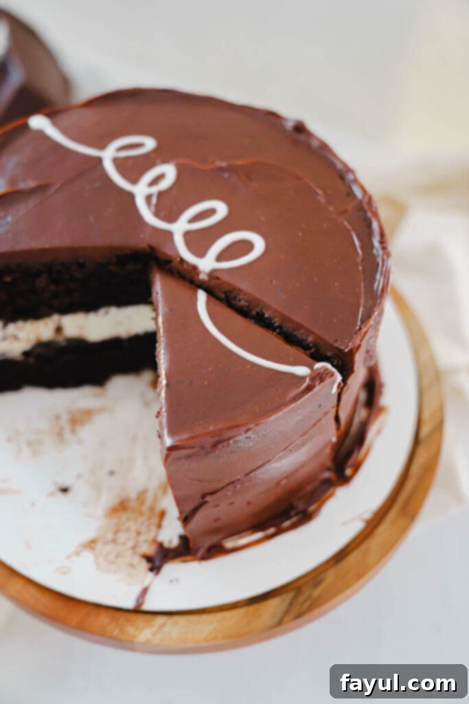 Close-up of the delicious, smooth chocolate ganache coating on the Ding Dong Cake.
