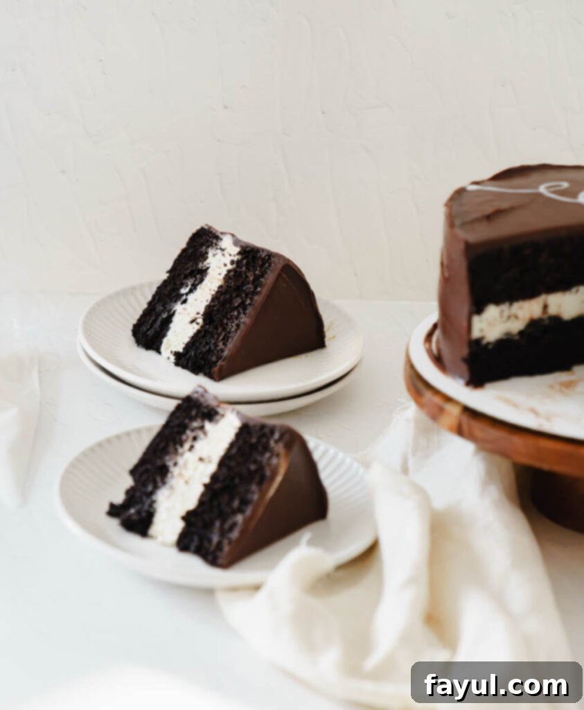 A top-down view of the Ding Dong Cake, showcasing its smooth ganache and perfect round shape.