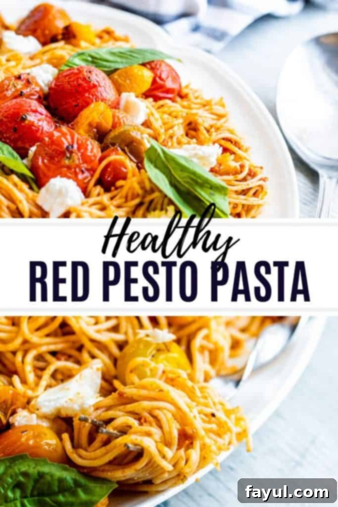 Pinterest pin graphic for Red Pesto Pasta with roasted tomatoes and text overlay 'Easy & Healthy Red Pesto Pasta with Roasted Tomatoes'.