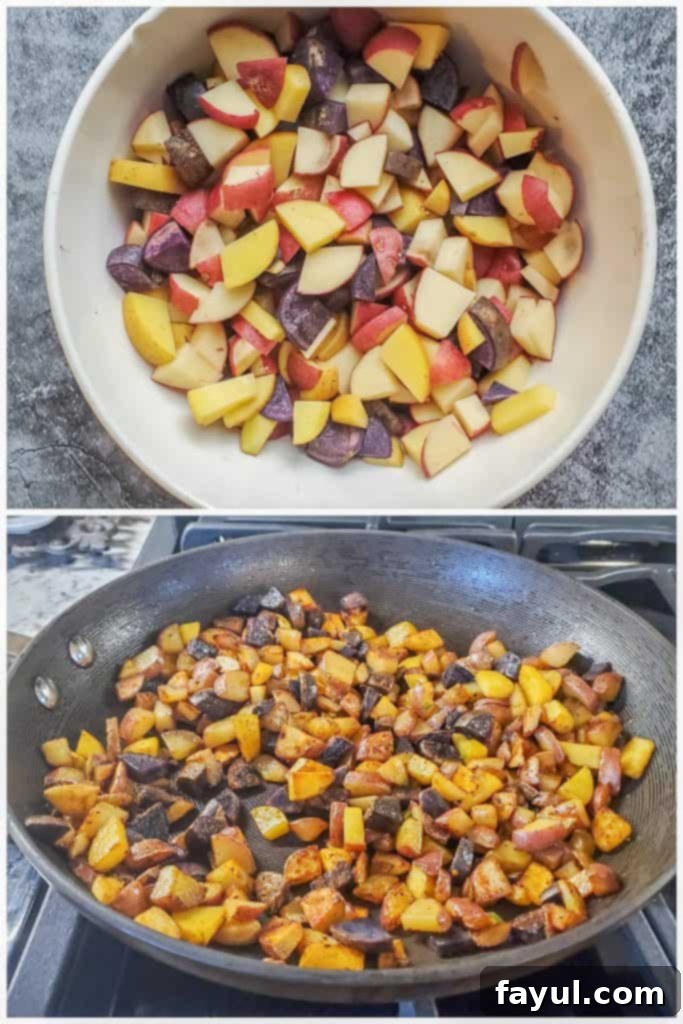 Two side-by-side prep images showcasing diced potatoes seasoned and cooking in a large skillet, highlighting the steps for achieving crispy roasted breakfast potatoes.