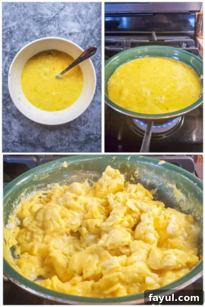 Three sequential prep images illustrating the process of scrambling eggs in a skillet, demonstrating key steps for fluffy breakfast eggs.