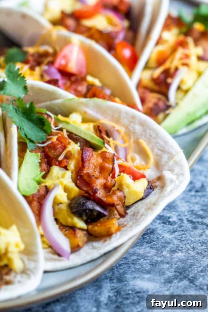 Close up shot of a perfectly assembled breakfast taco on a white platter, set on a blue kitchen counter, highlighting the delicious fillings.