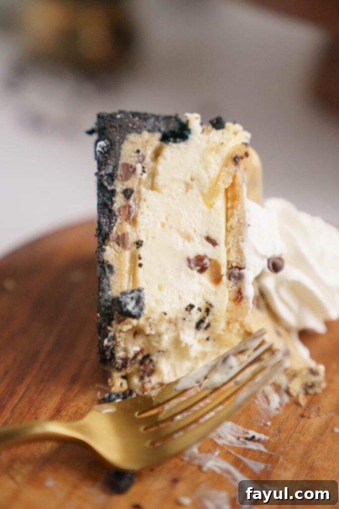 Close-up of Cookie Dough Cheesecake slice with whipped cream and chocolate chips