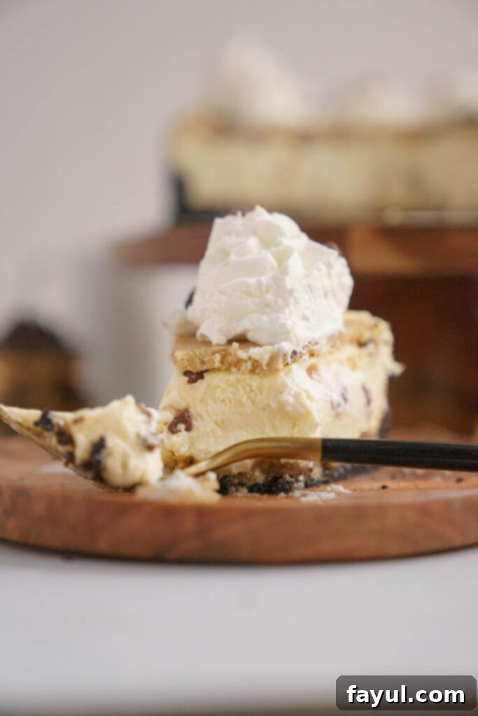 Beautifully decorated Cookie Dough Cheesecake ready for serving
