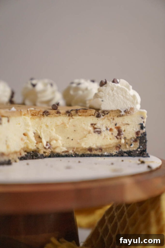 Serving a slice of Cookie Dough Cheesecake with a spatula