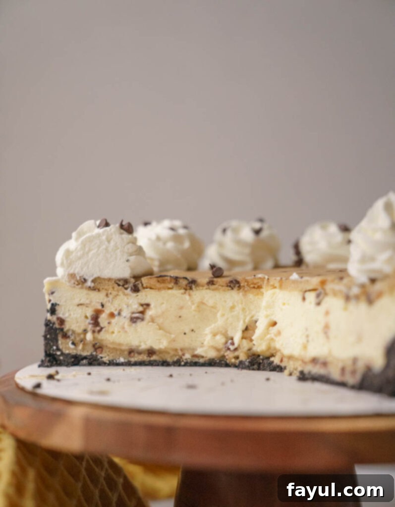 Overhead view of a beautiful Cookie Dough Cheesecake