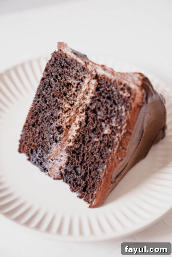 A Portillo's Chocolate Cake with a clean slice taken out, showing internal structure.