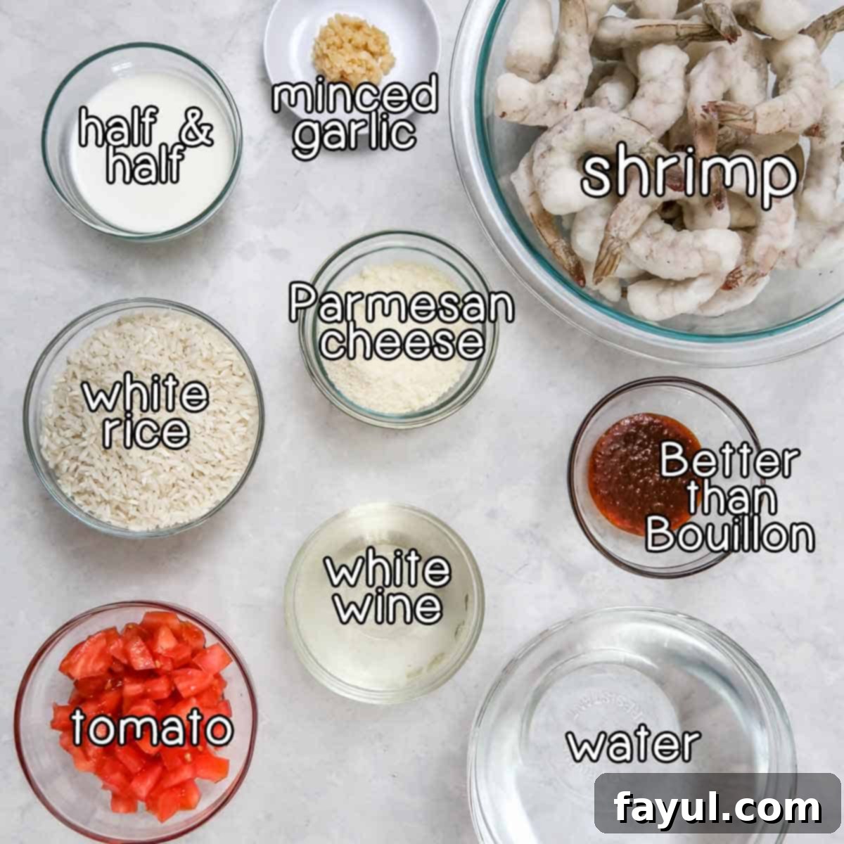 Overhead shot of ingredients - shrimp, better than bouillon, water, white wine, tomato, white rice, parmesan cheese, half and half, and minced garlic.