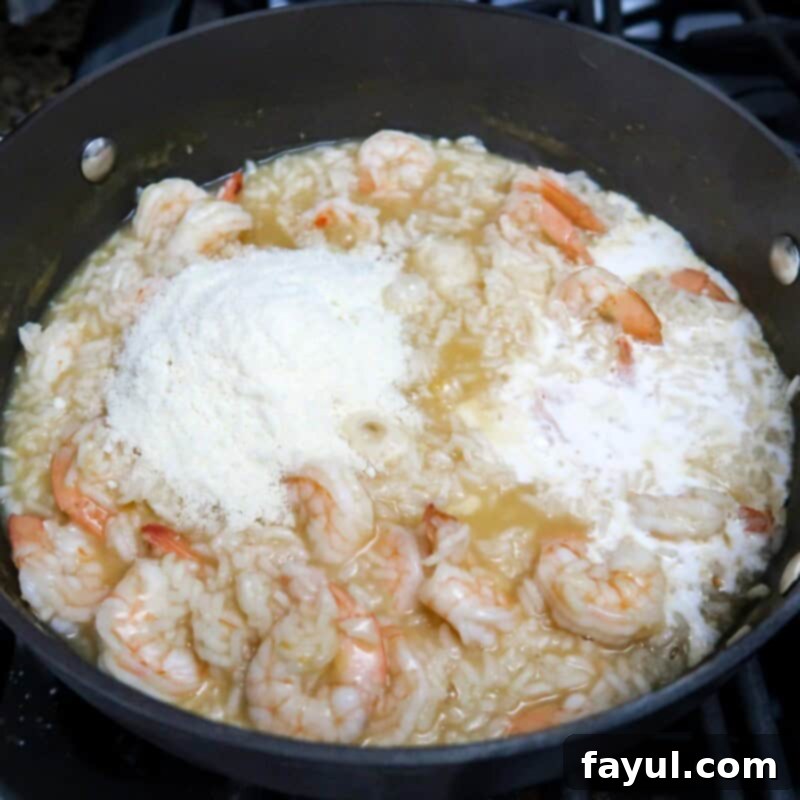 Overhead view of process shot 4 - add half and half and parmesan cheese.