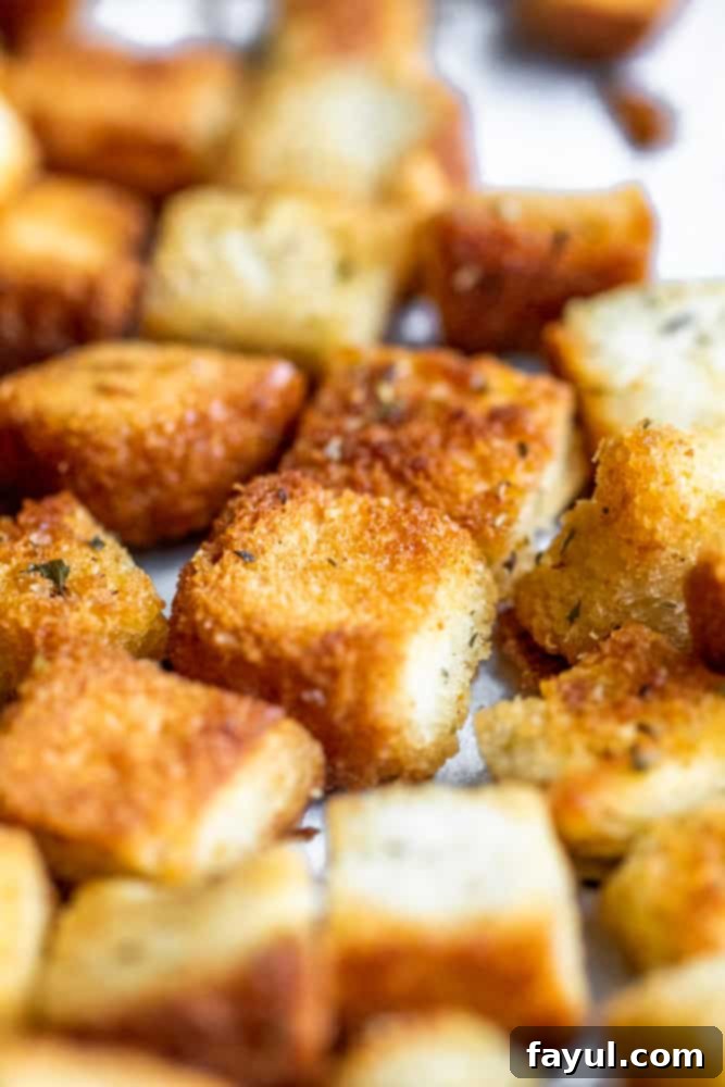 Ingredients for homemade croutons laid out on a white counter: loaf of bread, olive oil, and various spices.