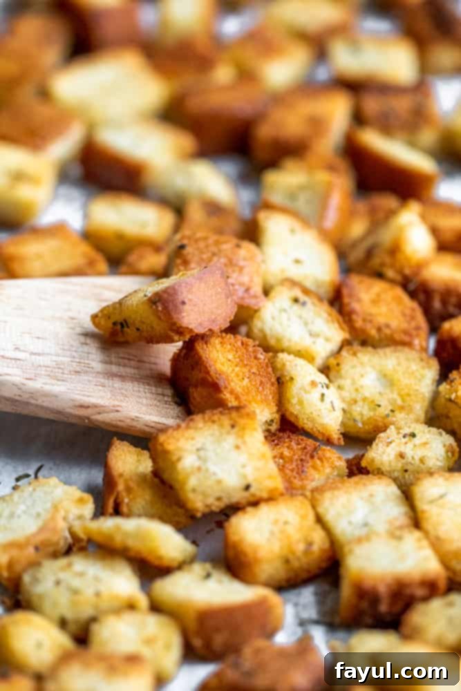 A close-up shot of golden-brown homemade croutons in a white bowl, showing their crispy texture.