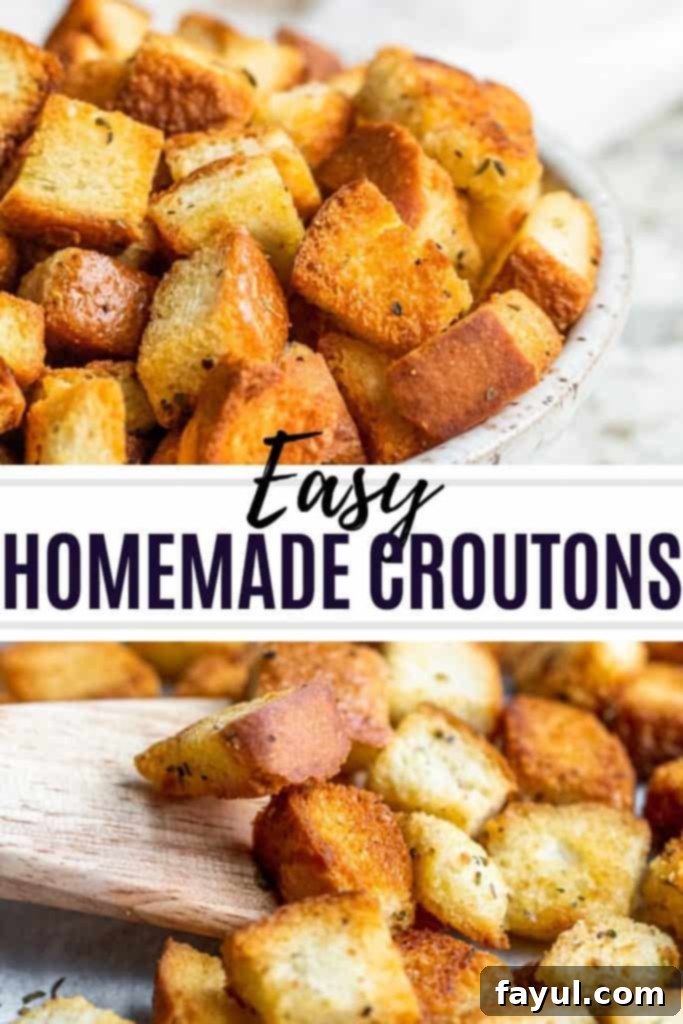 Two images of croutons in a white bowl with title text in the middle.
