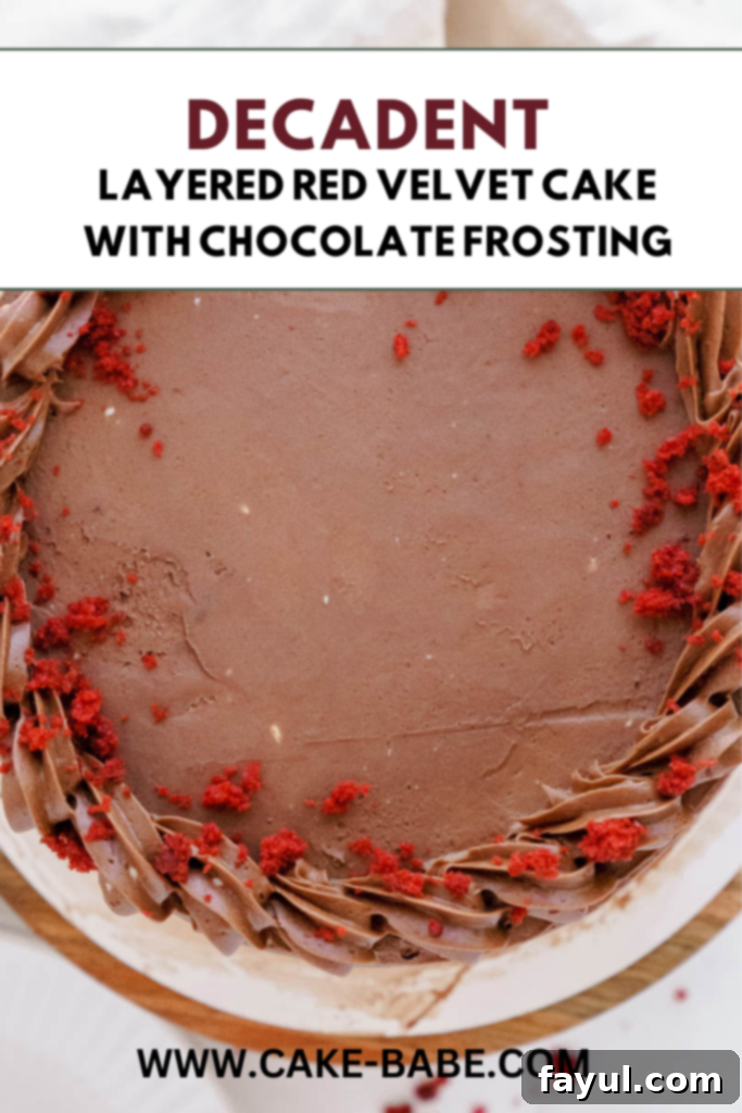 red velvet cake with chocolate frosting on top