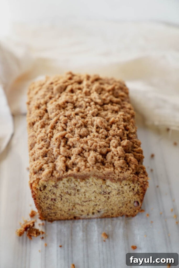Close-up of a slice of Banana Bread with Streusel