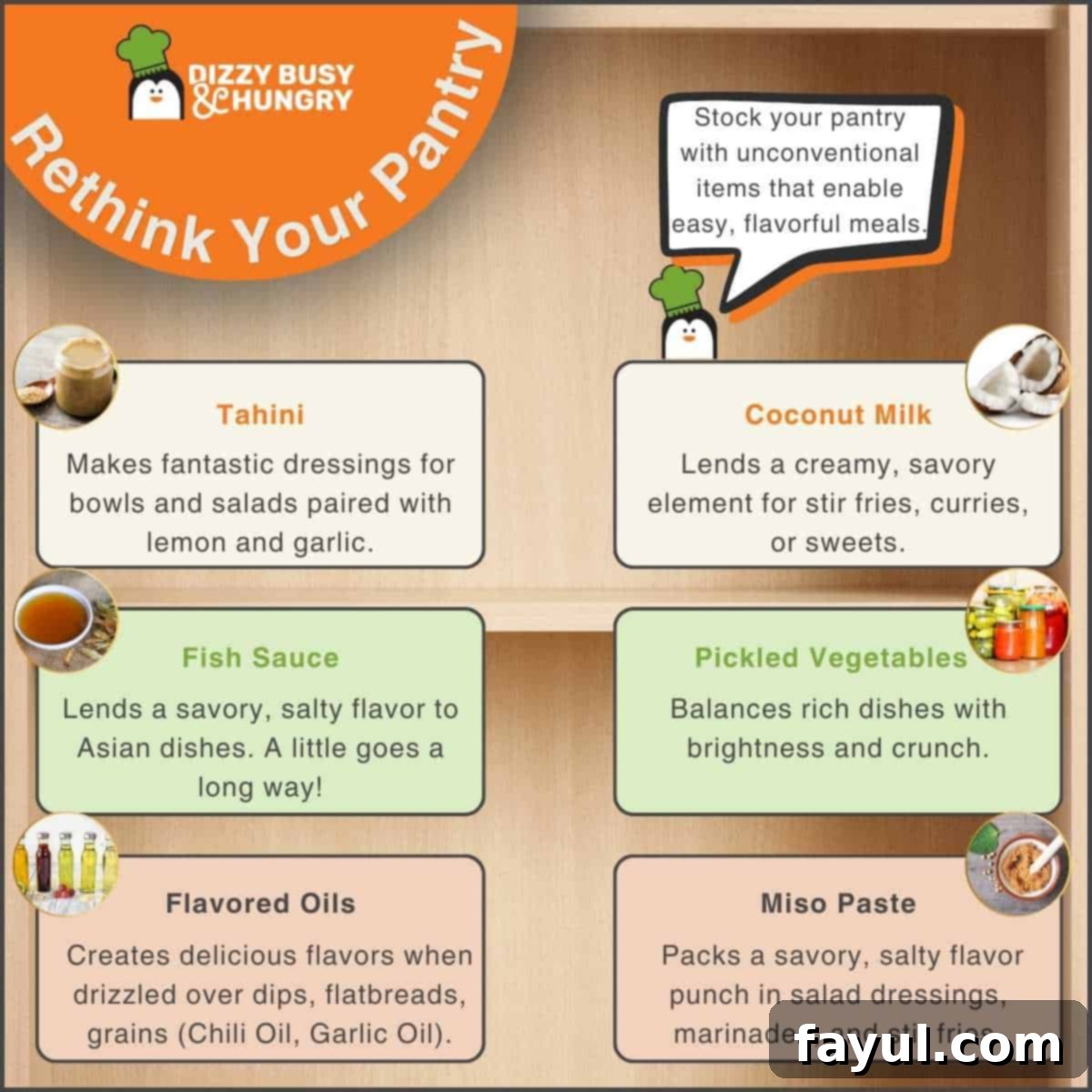 Infographic with information about how to Rethink Your Pantry by stocking it with unconventional items that enable easy flavorful meals such as tahini, coconut milk, fish sauce, and miso paste.