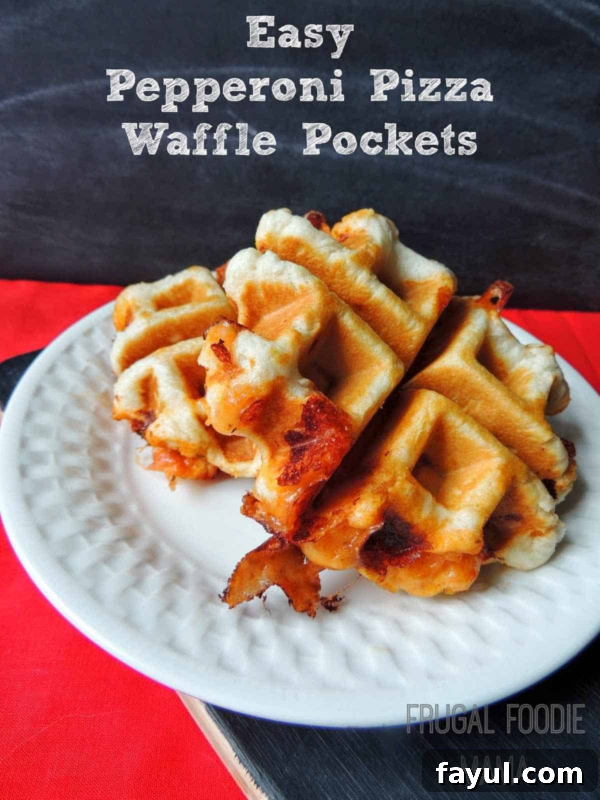 White plate on black and red background with biscuits in a waffle shape that surround pizza sauce, pepperoni, and cheese.