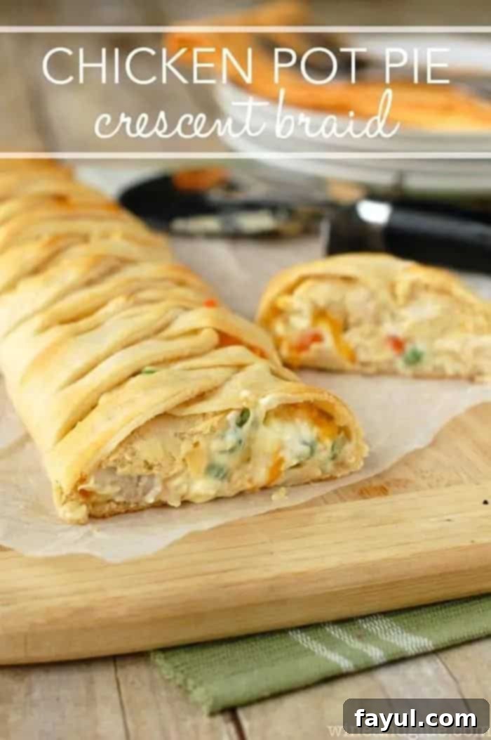 Crescent roll dough wrapped in a braid that contains chicken pot pie ingredients on a cutting board with the overlaying text Chicken Pot Pie Crescent Braid.