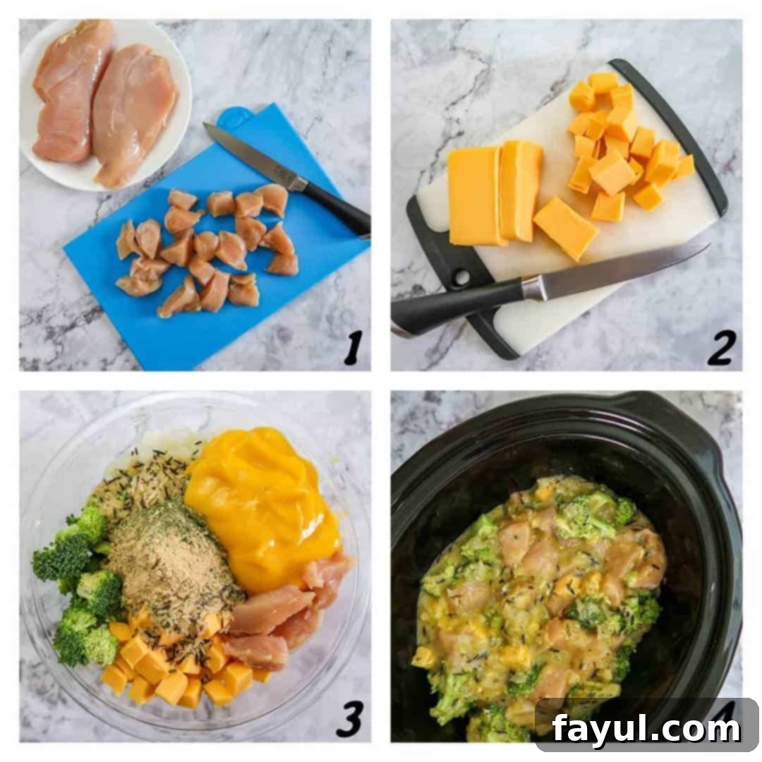 Four panel grid of process shots- cutting up ingredients and combining them in the crock pot.