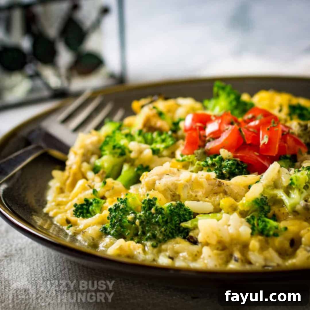 Side view of cheesy chicken and rice in a brown dish topped with chopped tomato.