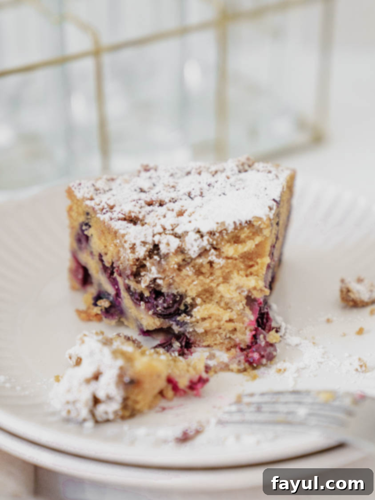 A slice of blueberry coffee cake with streusel and powdered sugar