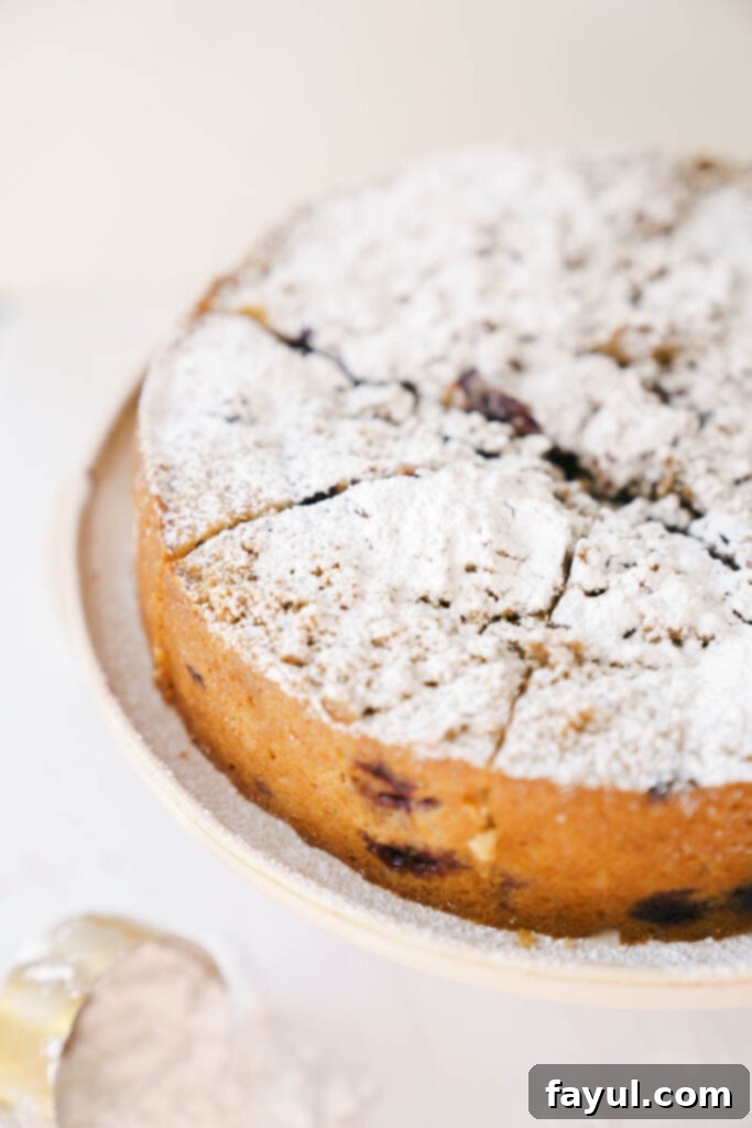 Streusel topping being sprinkled on blueberry coffee cake