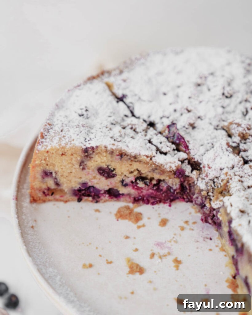 Two slices of blueberry coffee cake on plates