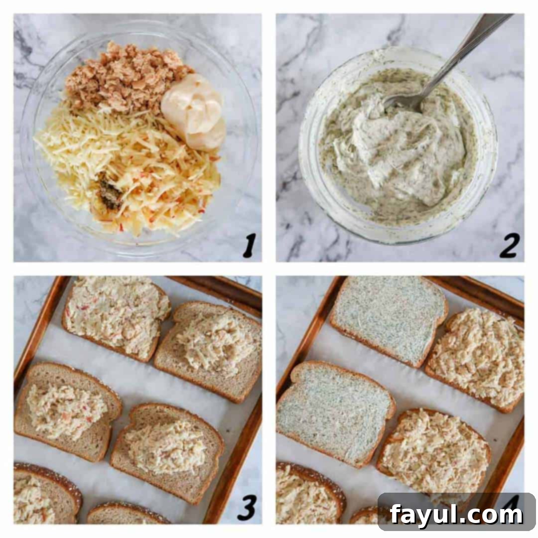 Four panel grid of process shots showing how to prepare the gourmet grilled cheese: mixing salmon, cheese, mayo, and apple; buttering bread with dill butter; spreading salmon mixture on bread; and layering for baking.