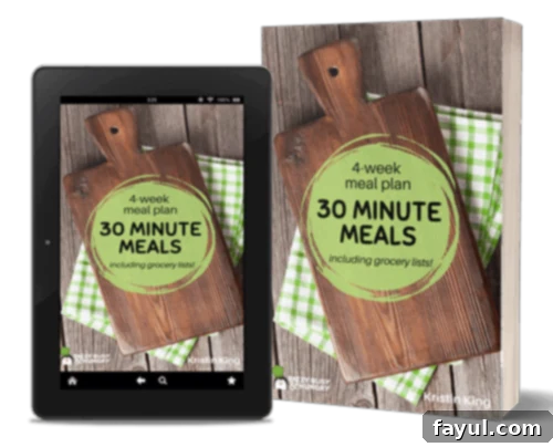 Mock up of the 30 Minute Meals 4 Week Meal Plan ebook on a tablet and as a paperback, showcasing easy recipes.