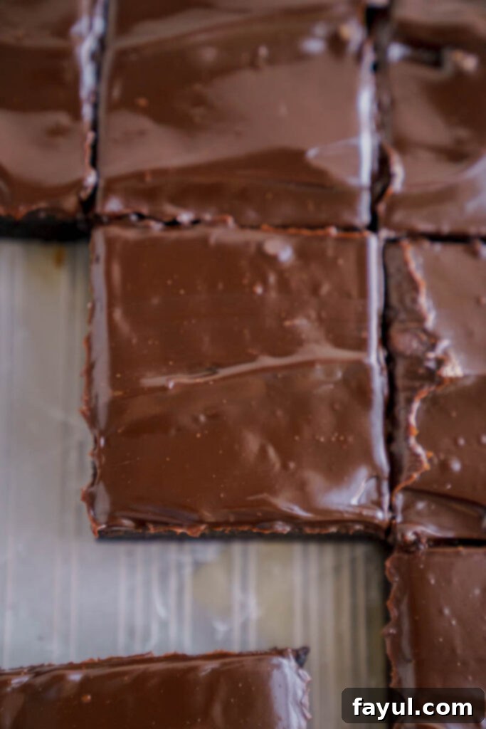 sliced lunch lady brownies in a baking pan