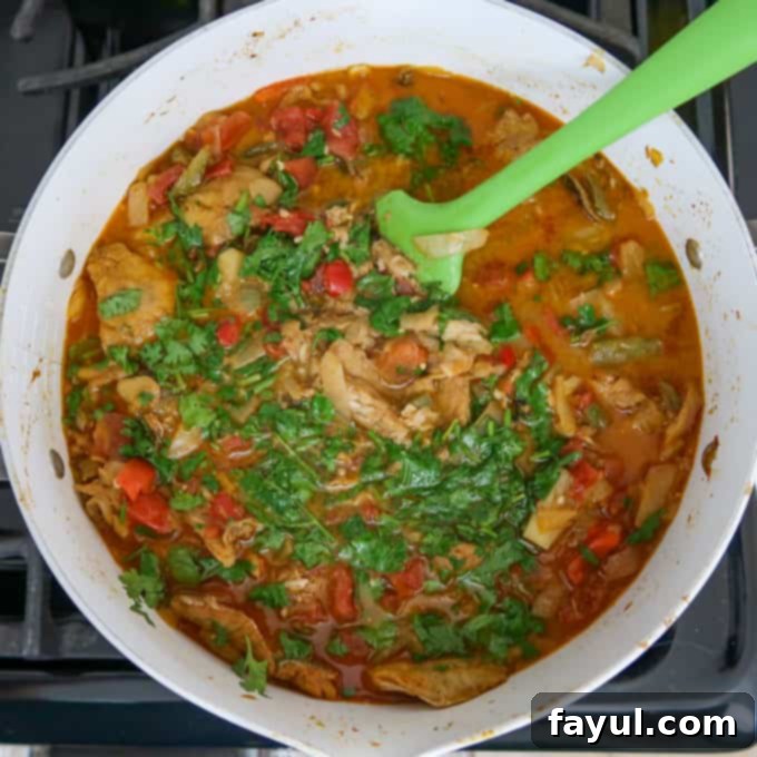 Overhead view of cilantro being mixed into stew in a white bowl over stove.