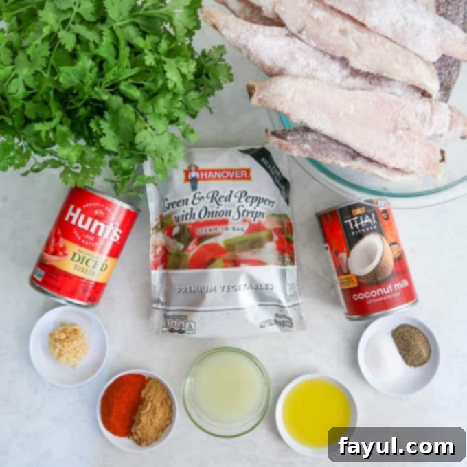 Overhead view of ingredients for Brazilian fish stew.