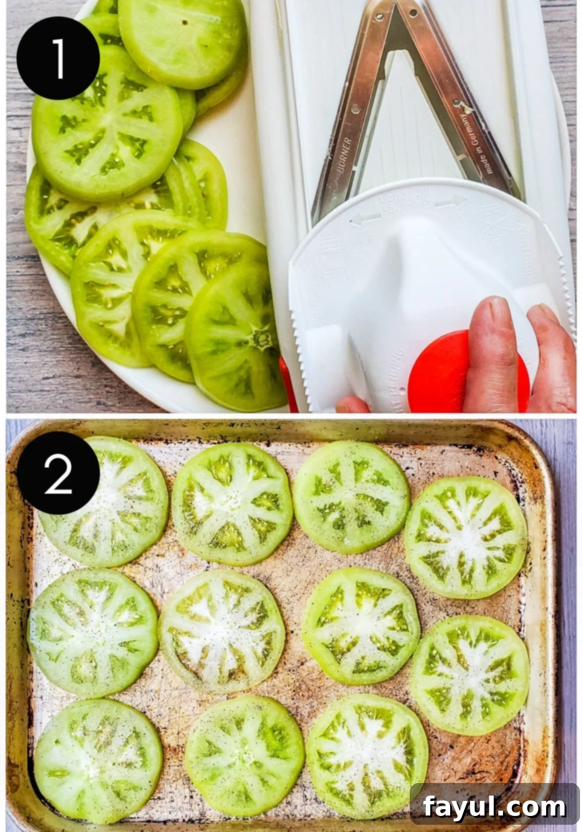 Green tomatoes being sliced with mandolin and seasoned.
