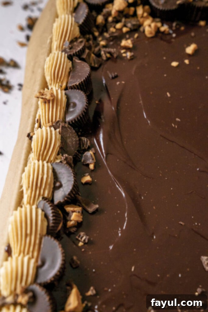 A large slice of chocolate peanut butter sheet cake with creamy frosting and ganache