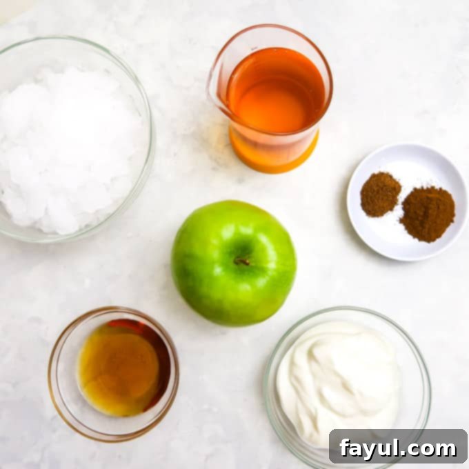 Overhead view of all the essential smoothie ingredients—fresh nutmeg, creamy Greek yogurt, rich apple cider, ground cinnamon, a whole crisp apple, refreshing ice, and pure maple syrup—neatly arranged on a clean white surface, ready for blending.