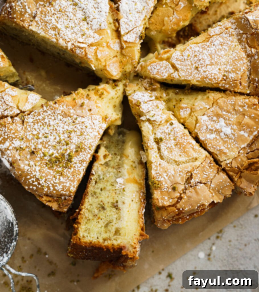 Close-up of a slice of Pistachio Gooey Butter Cake showing the distinct layers